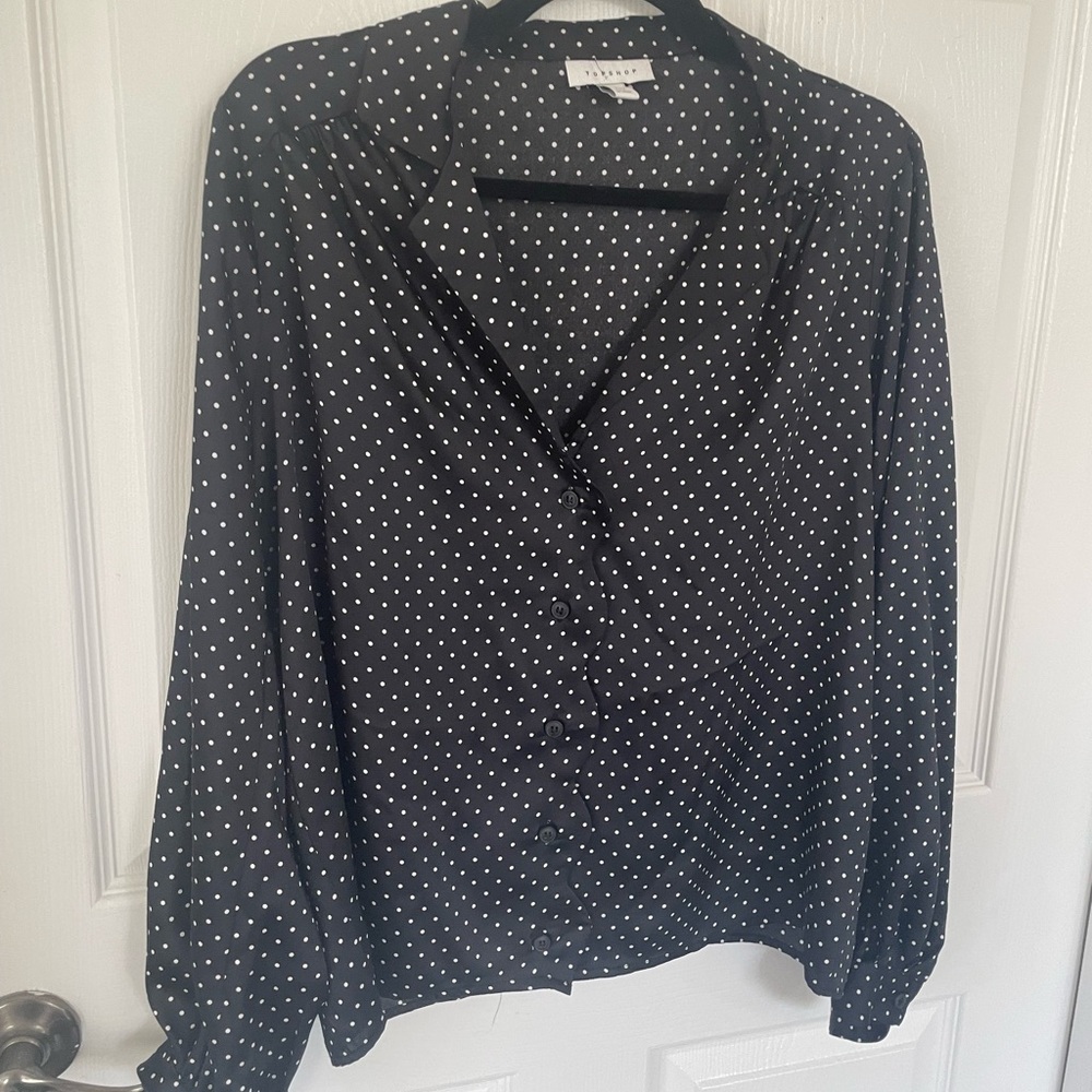 Polka Dot Black Scalloped Button Down Blouse- Top Shop Size US 8